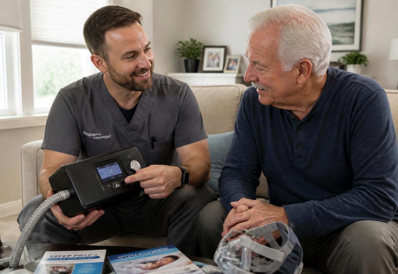 Respiratory therapist showing a CPAP machine to a patient at home